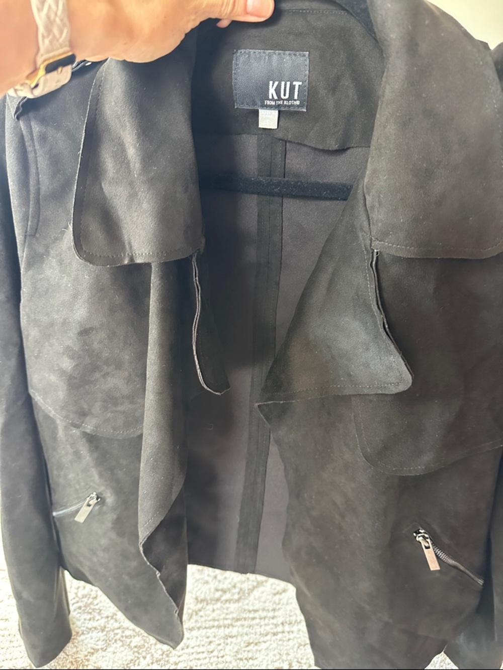 KUT from the Kloth Black Faux Suede Jacket Draped Waterfall Moto Soft